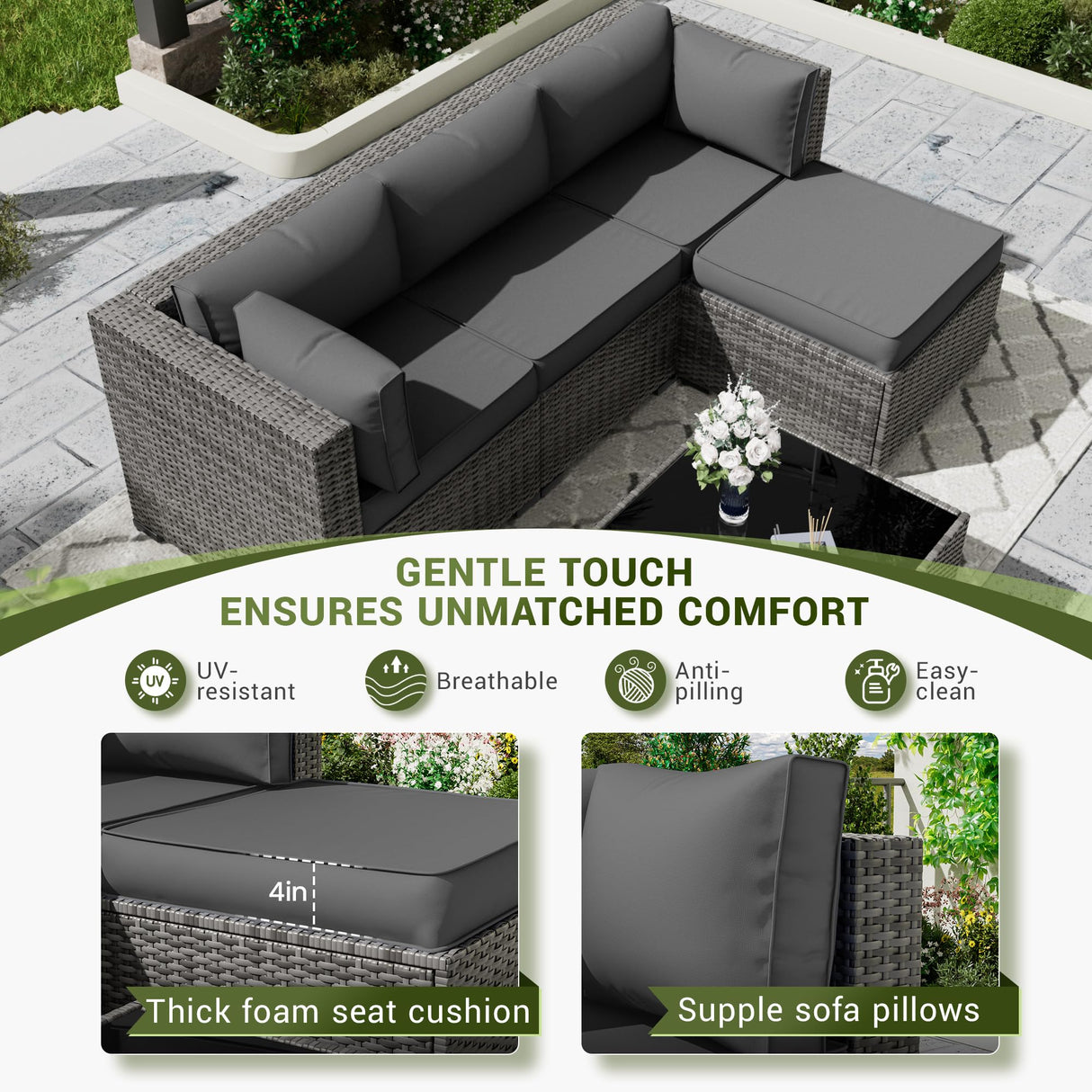 Amopatio Patio Furniture Cushions, Replacement Outdoor Cushions for 4-Seat Patio Furniture, Waterproof Cushions for Outdoor Sectional Sofa Couch(Dark Grey) Amopatio