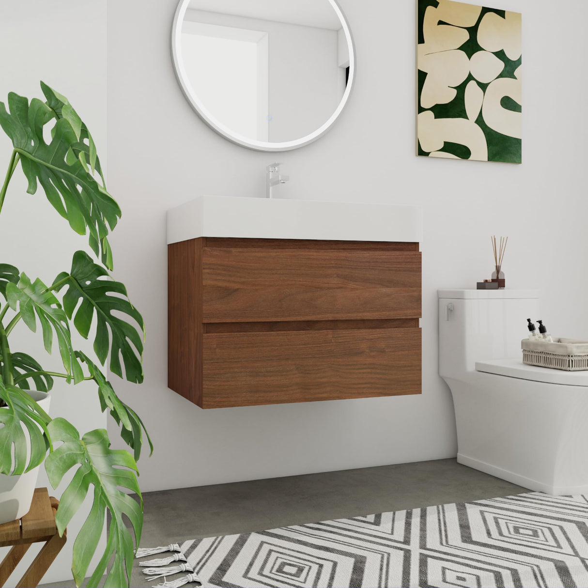 30 inch Bathroom Vanity with Sink, Modern Single Sink Bathroom Vanity, 30" Floating Vanity Bathroom Wall Mounted Bathroom Vanity Cabinet with Soft Close Drawers & Thick Edge Resin Sink, Brown Oak Minheola