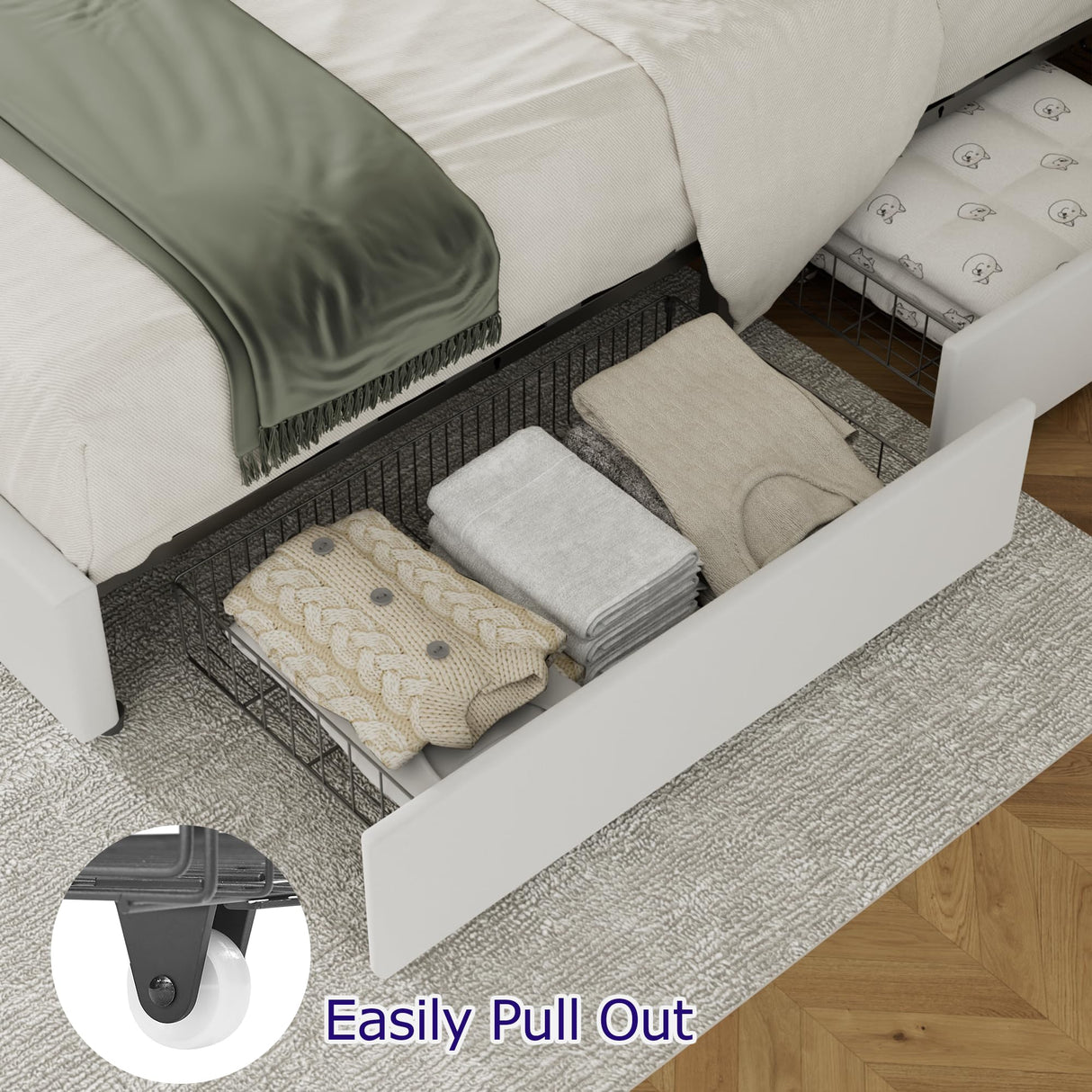 VECELO King Size Bed Frame with 4 Storage Drawers, Adjustable Height Headboard, Heavy-Duty Platform Bedframe with Strong Wooden Slats, No Box Spring Needed, Pure White VECELO