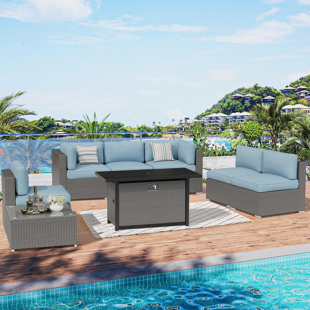 SUNCROWN Outdoor Patio Furniture Set 8 Piece Outdoor Sectional Sofa Grey Wicker Conversation Sofa Set with Coffee Table, Cushions and Fire Pit Table, Light Blue SUNCROWN