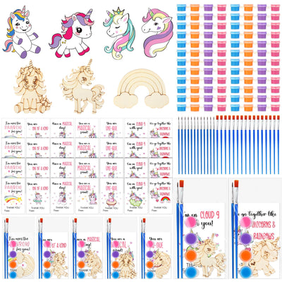 Leinuosen 28 Sets Unicorn Party Favors Wood Painting Craft Kits with Art Supplies and Inspirational Cards Thank You for Coming Gifts for Summer Birthday Party Goodie Bag DIY Prizes