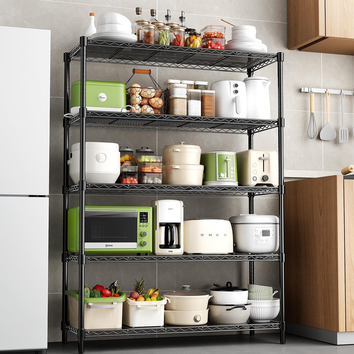 RackBro 48" W Storage Shelves 5-Tier Wire Shelving, 1875LBS Adjustable Metal Shelving with 5 Shelf Liners, Heavy Duty Steel Wire Rack for Garage Commercial Pantry Kitchen, 48" W x 18" D x 72" H, Black RackBro