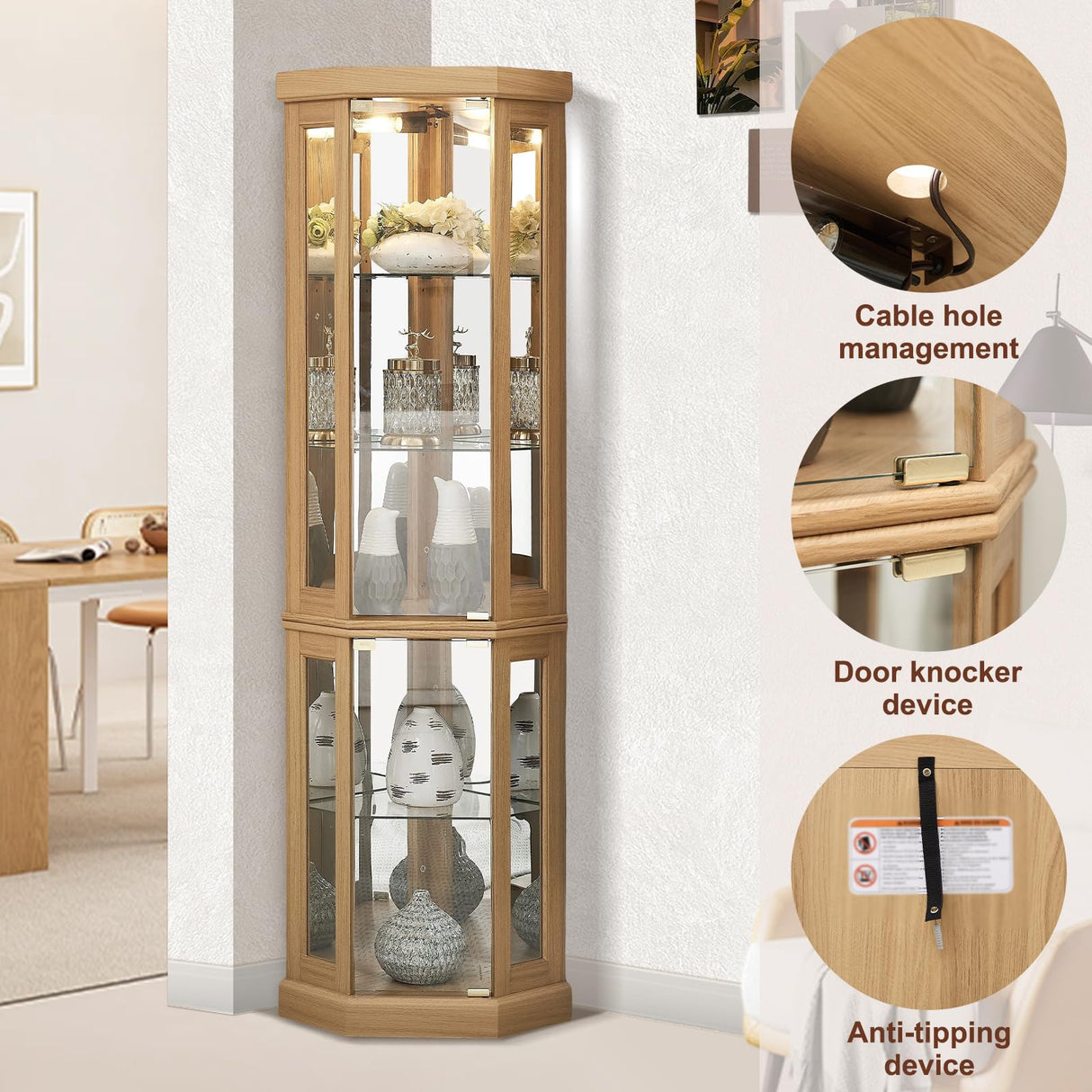 XUWANSHANG Corner Curio Cabinets,Lighted 3-Side Glass Display Curio Cabinet, Curved Wood Corner Cabinet,Curio Cabinets with Glass Doors,Adjustable Shelves,Curio Cabinet for Living Room,Light Oak XUWANSHANG