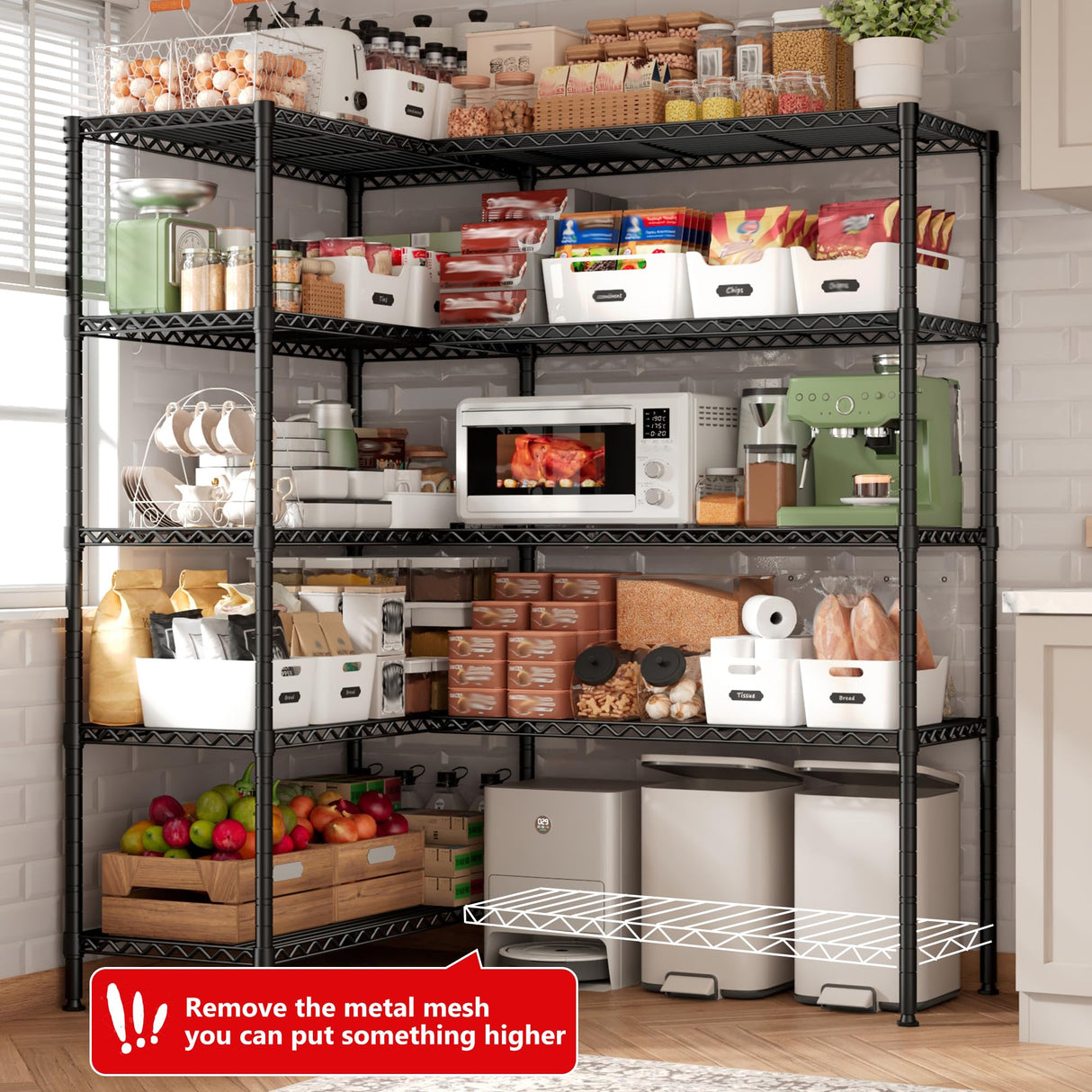 REIBII 5-Tier Heavy Duty Metal Wire Shelves, Industrial Style, 61.7"W x 72.4"H x 15.8"D, 1500 LBS Capacity, Adjustable, Rust Resistant, 2 Pack REIBII