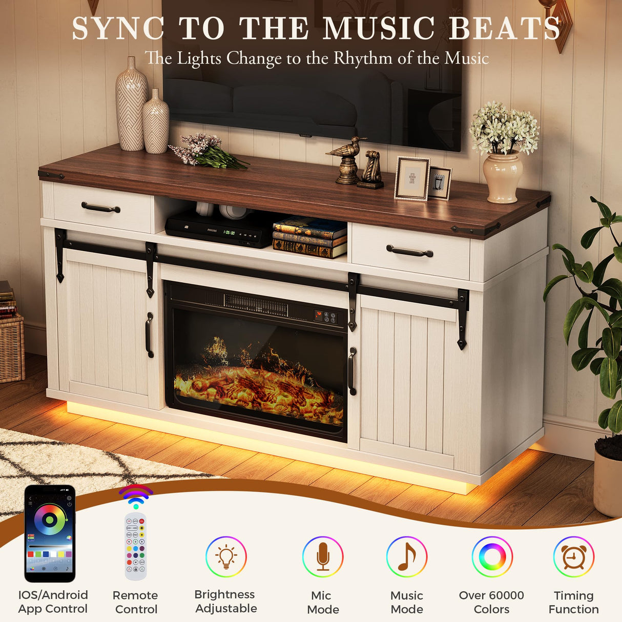 59'' Fireplace TV Stand with 3D Flame Electric Fireplace Heater, 34'' Tall Farmhouse TV Stand for 65 Inch TV, Entertainment Center TV Console with 2 Drawers, Sliding Barn Door for Living Room - White Jocoevol