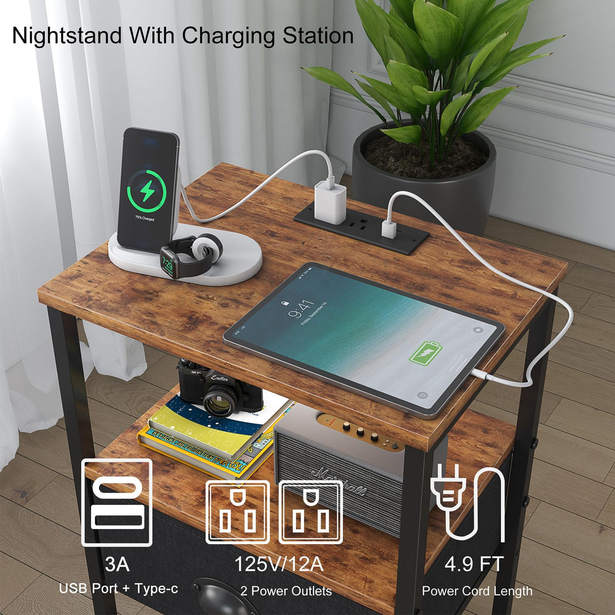 Sthmec Nightstands with Charging Station, LED Bedside Tables with Charging Station and Fabric Drawer, Night Stand with Storage, 3 Tier Side Table with Open Shelf,Nightstand Bedside Table,Rustic Brown WoodArtSupply