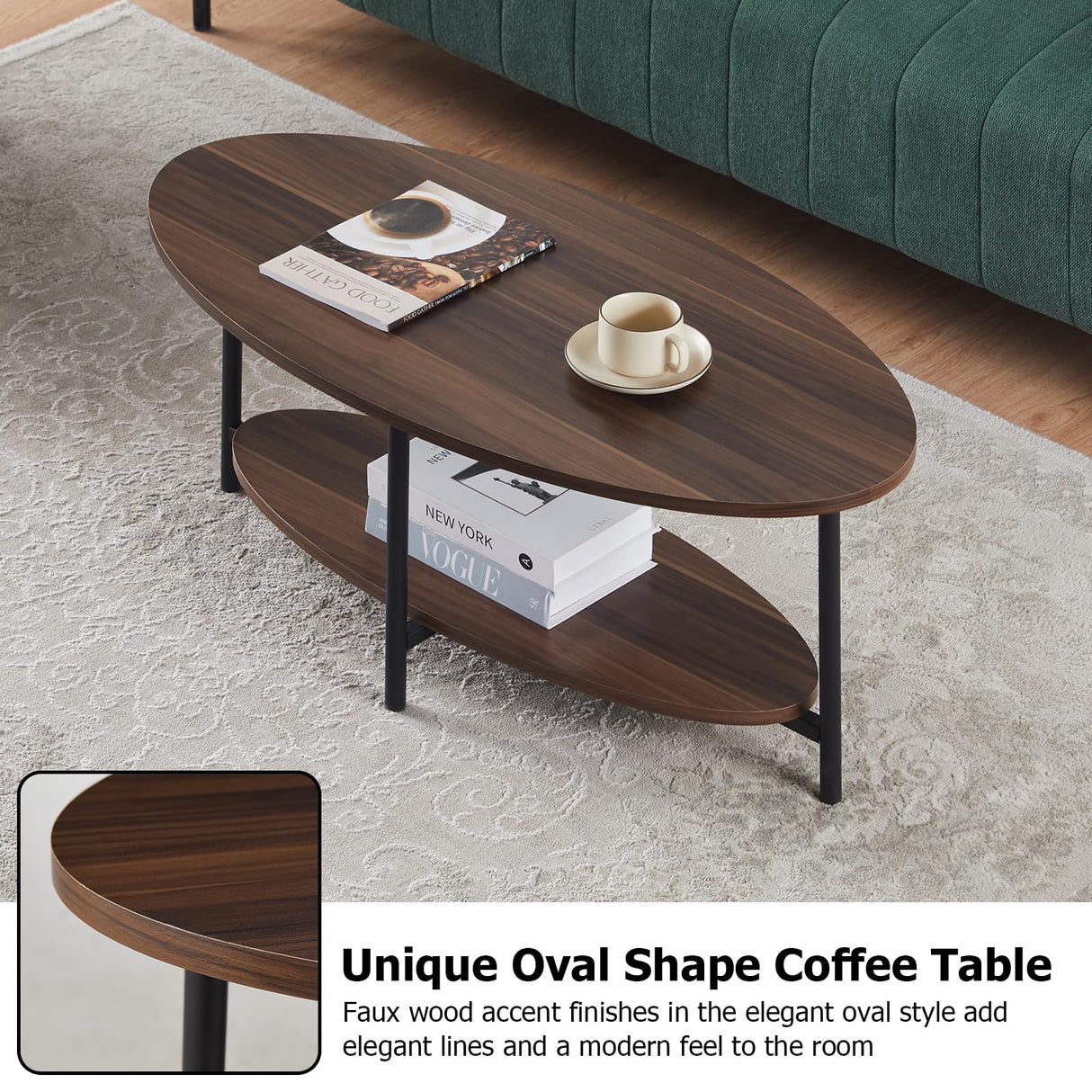 TUKAILAi Oval Coffee Table with Open Storage Shelf, 2-Tier Wooden Tea Table with Adjustable Feetpad, Industrial Center Table with Cross Metal Legs for Living Room, Bedroom, Lounge (Rustic Brown) TUKAILAi