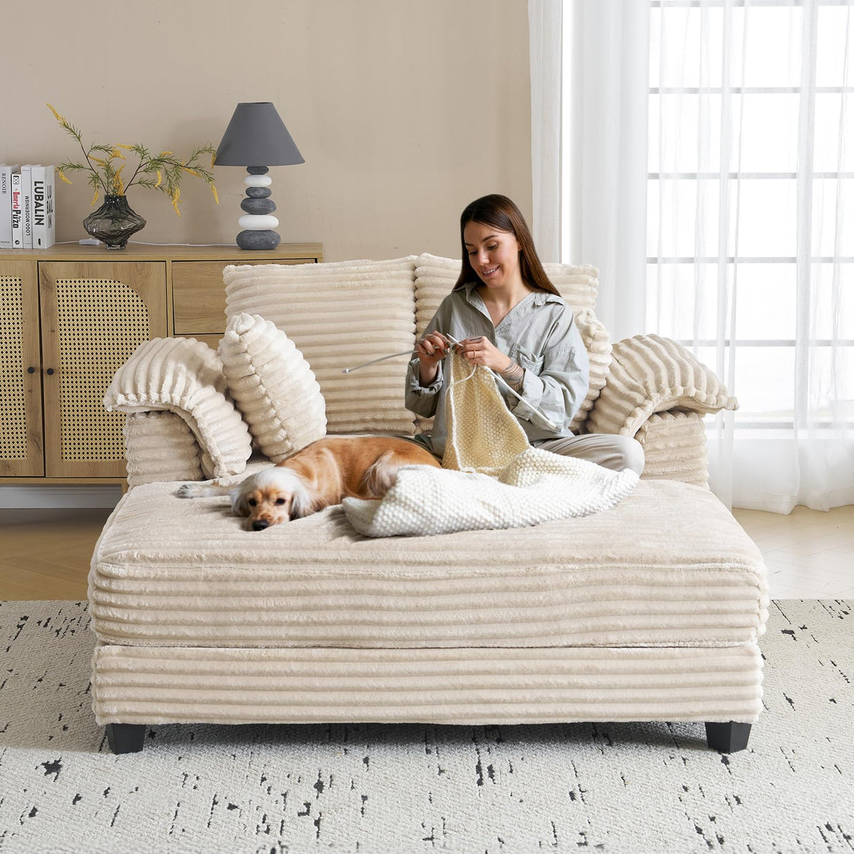 VINGLI 56" Oversized Chaise Lounge Chair, Beige Comfy Corduroy Chaise Sofa Recliner Bed Upholstered Sleeper Couch Bed with Throw Pillows and Armrests for Living Room, Movie Room, Bedroom VINGLI