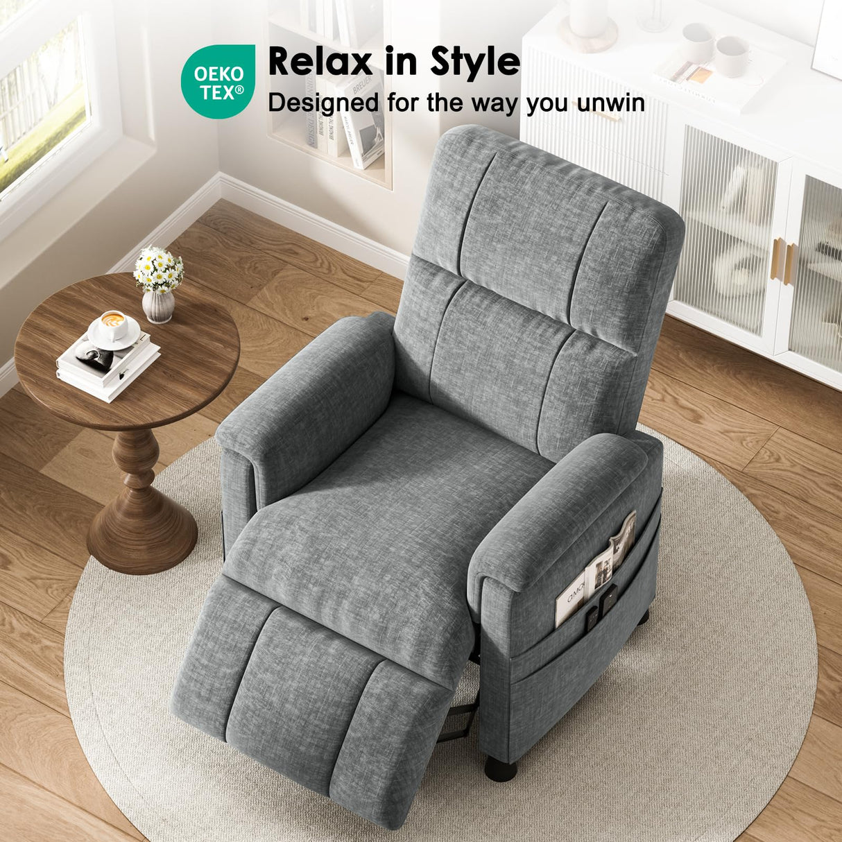 Pipishell Recliner Chairs for Adults, Recliner Chair with Remote, Adjustable Recline/Footrest, Chenille Fabric, High Back, Thick Seat Cushion, Recliner for Living Room, RV & Home Theater (Light Grey) Pipishell