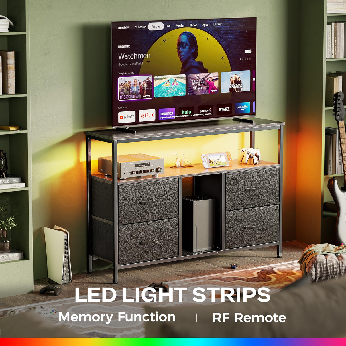 Huuger TV Stand Dresser with Power Outlets and LED Lights, 4 Drawers Entertainment Center with Open Shelf, Media Console for 50 43 Inch TV, Dresser with PU Finish, Grey and Black Huuger