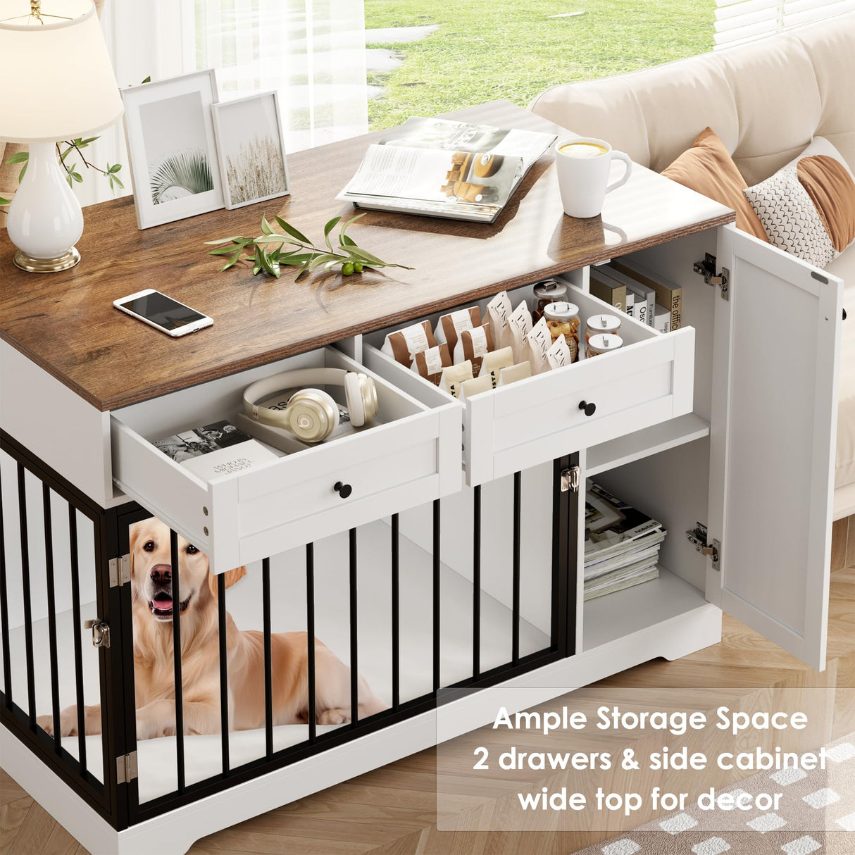 Dog Crate Furniture Kennel with Double Doors Wooden Pet House with 2 Drawers and Storage Cabinet, Indoor Dog Cage Farmhouse Modern Side End Table for Small Medium Dogs, White TTVIEW