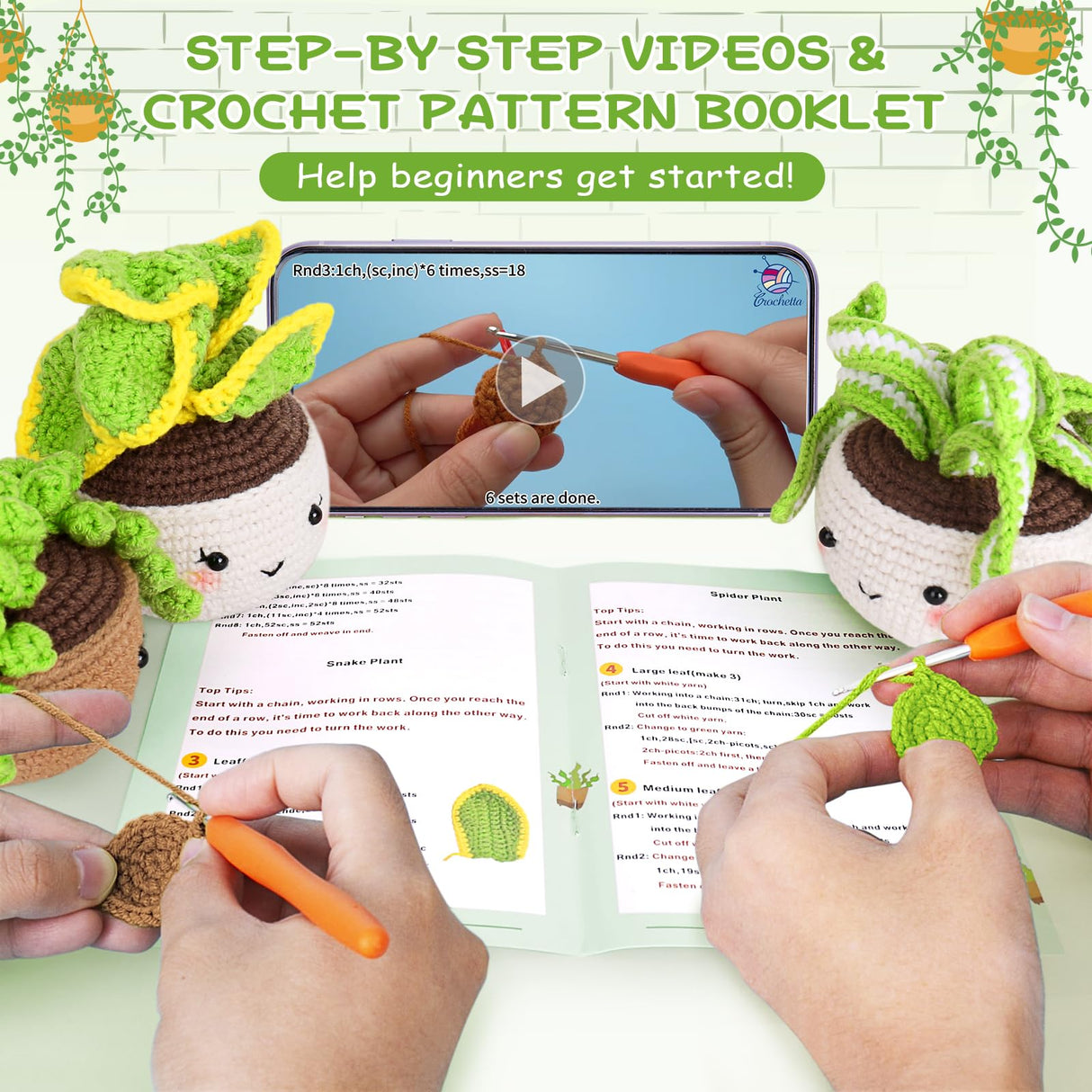 Crochetta Crochet Kit for Beginners, Crochet Starter Kits for Adults with Step-by-Step Video Tutorials, Learn to Crochet Kit Kids, Knitting Craft Supplies, Crochet Plants Indoor Home Decor(40%+ Yarn) Crochetta