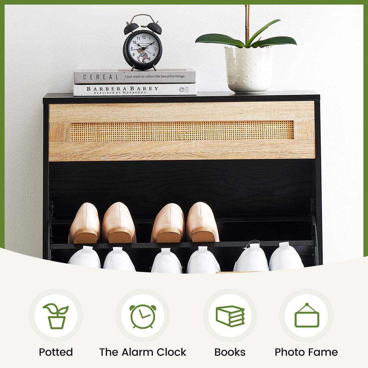 coucheta 2 Flip Drawers Shoe Storage Cabinet with 1 Drawer, Rattan Shoe Organizer with Metal Legs, Freestanding Narrow Shoe Rack Cabinet for Entryway, Black coucheta