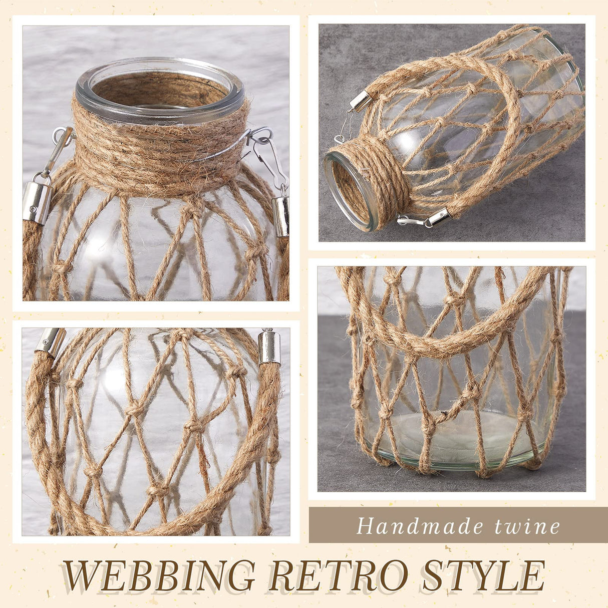 Set of 2 Rope Net Dry Flower Glass Vase 7.9 x 4 Inches Wicker Farmhouse Vase Coastal Decor for Wedding Tables Home Rustic Hanging Mason Jar Rope Wrapping Decorative Bottles Nautical Decor Sabary