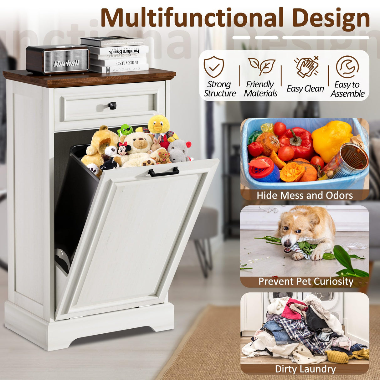 AHB 13 Gallon Tilt Out Trash Cabinet Kitchen Waste Bins, Laundry Hamper Tilt Out Pet Proof Hidden Trash Bin for Kitchen Living Room, Antique White and Brown AHB