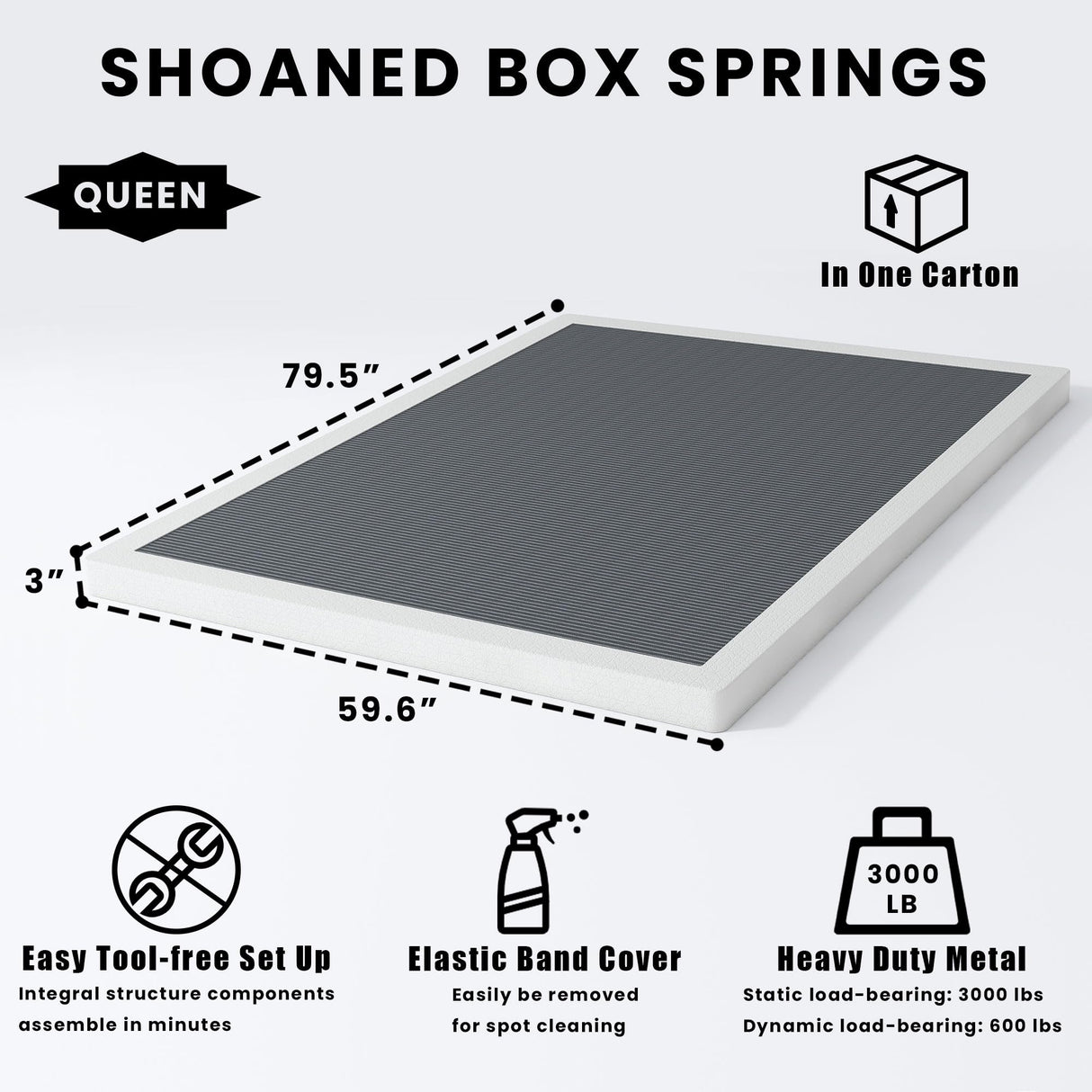 SHOANED Queen Size Box Springs - 3 Inch Low Profile Mattress Foundation No Noise Heavy Duty Metal Basics Bed Base with Clean Fabric Cover, Easy Assembly SHOANED