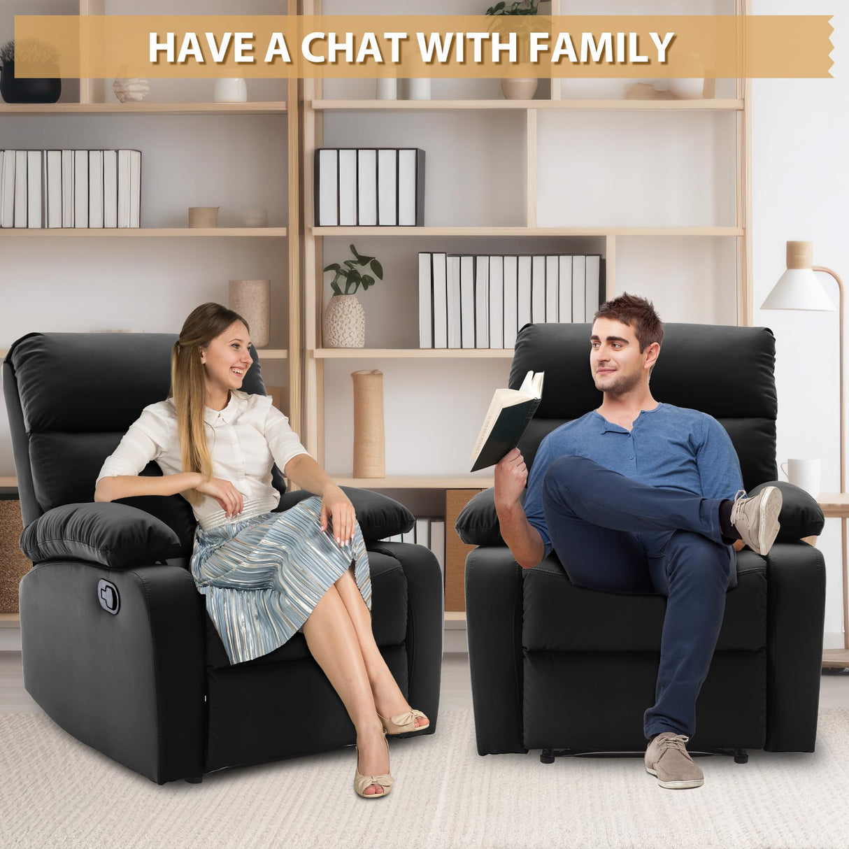 GNMLP2020 Manual Recliner Chairs for Adults, Anti-Scratch Leather Single Sofa Recliner Chairs,Small Recliner Chair for Small Space, RV, Living Room, Black GNMLP2020