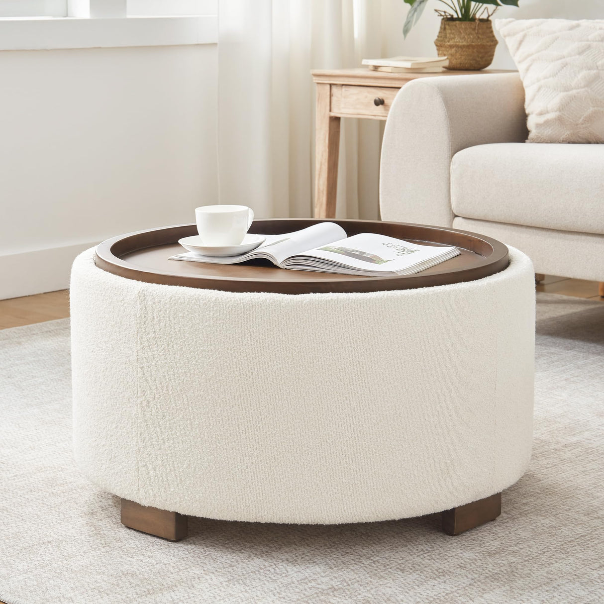 Zihanhome 30 Inch Round Storage Ottoman Coffee Table, Modern Boucle Ottoman with Lift-Off Lid and Solid Wood Legs for Living Room, Bedroom, Corners, Apartments (Beige) Zihanhome