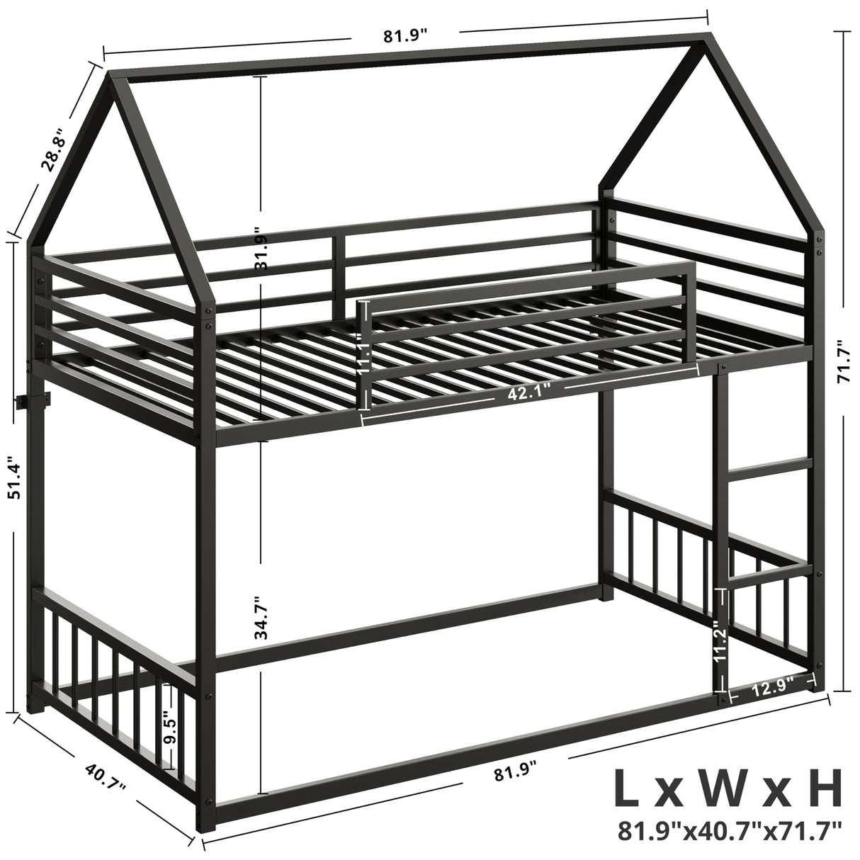 LIKIMIO Bunk Bed Twin XL Over Twin XL, Metal Bunk Bed Frame with Ladder and Guardrail, House Shaped with Metal Slats for Dormitory and Bedroom, Space Saving, No Box Spring Needed, Black LIKIMIO