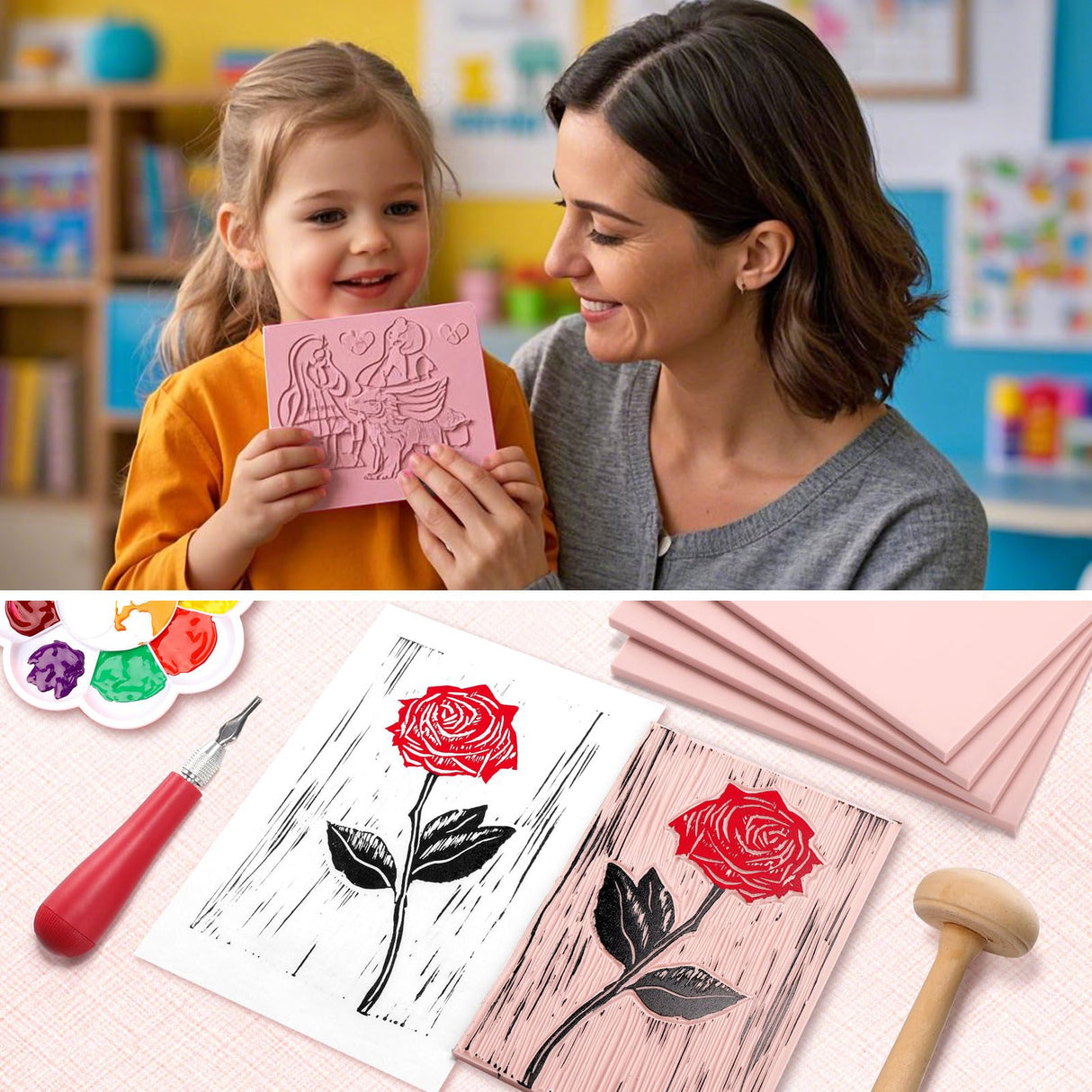 Linocut Kit for Printmaking with 5PCS 4"x6" Soft Rubber Linoleum Blocks, Brayer & Carving Tools – Block Printing & Stamp Making Supplies for Beginners & Artists Bobblebro