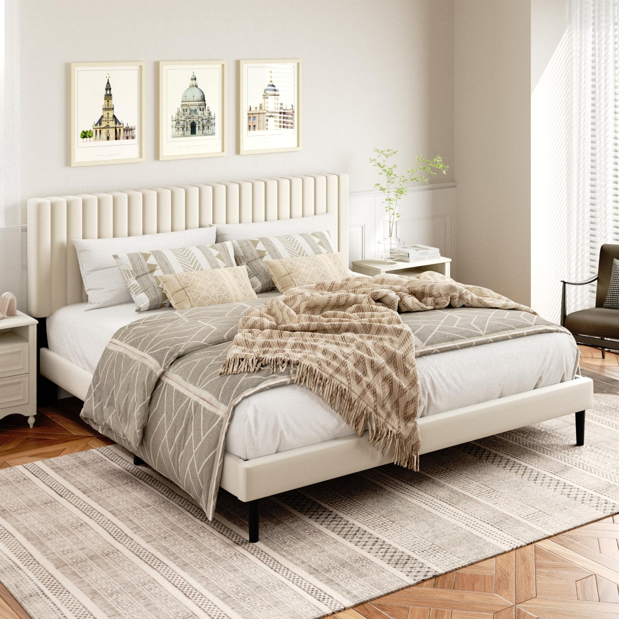 HAOARA King Size Bed Frame,King Size Platform Bed Frame and Velvet Upholstered Headboard with Strong Wood Slats, Box Spring Optional, Mattress Foundation, Easy Assembly Beige HAOARA
