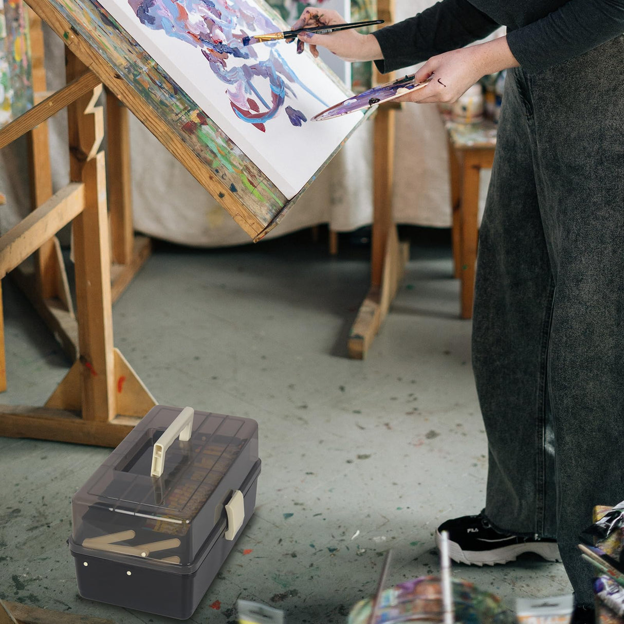 WEWLINE 13-Inch Art Storage Box 3-Layers Plastic Storage Box with Handle Craft Art Bin Portable for Home School Office Travel, Black WEWLINE