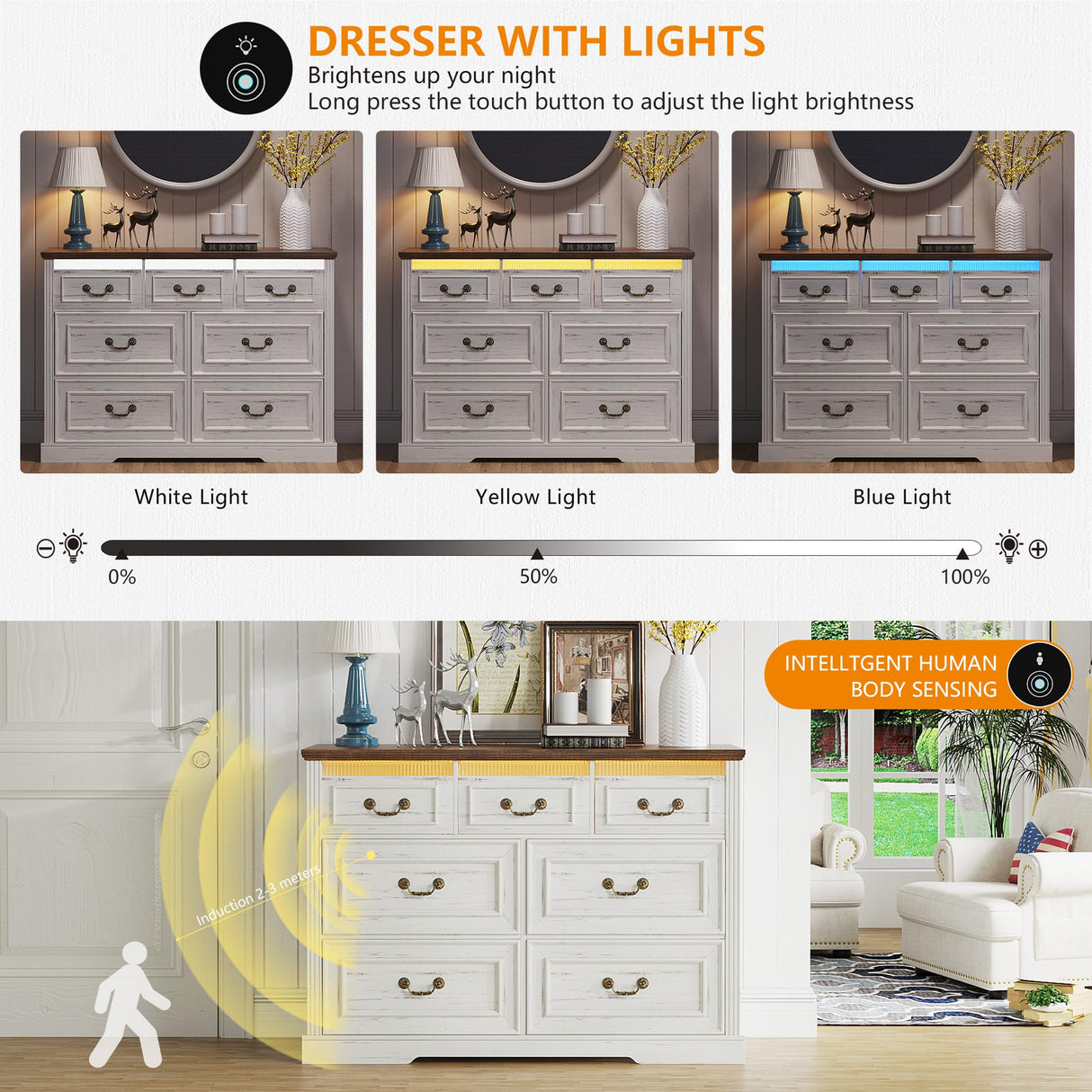 Farmhouse 7 Drawers Dresser for Bedroom, Large Chest of Drawers with Hidden Storage, Tall Dresser with LED Lights, Wood Dressers Organizer for Living Room, Closet, Hallway, Antique White TAGELIER