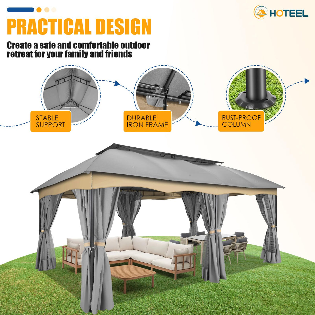 HOTEEL Gazebo 12x20, Outdoor Gazebo on Clearance with Double Ventilated Flat Roof, Privacy Curtains & Mosquito Netting, Easy Set up Canopy Tent with Stable Metal Frame for Patio, Gray (Upgraded 2.0) Hoteel