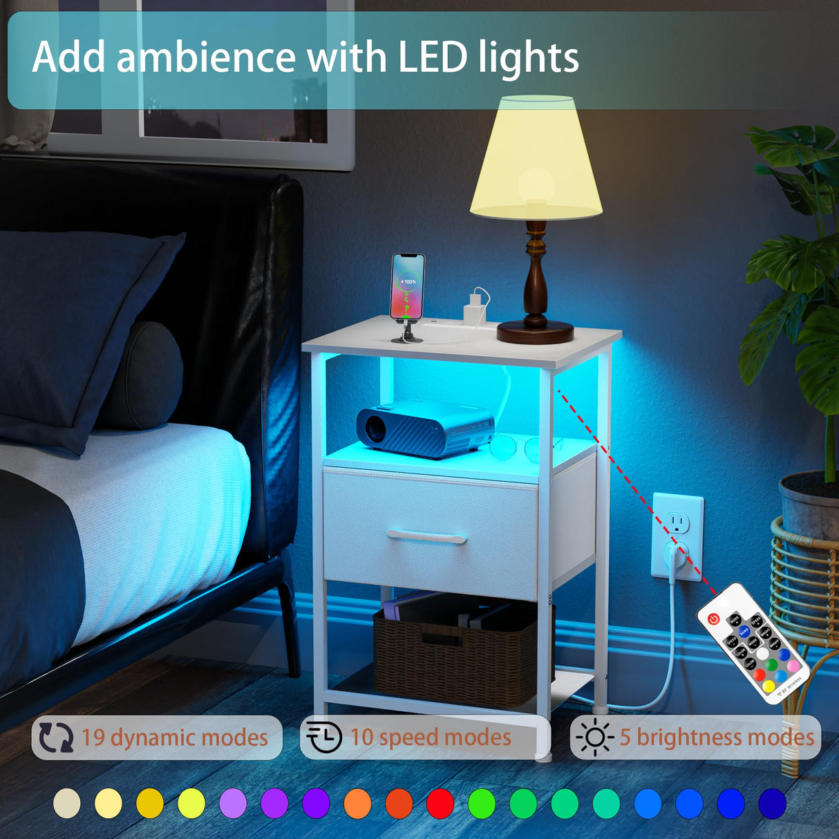 LAKEMID Nightstands Set of 2 with Fast Charging Station and Drawer, End Table Bedside Table with 20 Colors LED Light Strip and 2 Layers Shelf for Bedroom Living Room Sofa Couch (White) LAKEMID