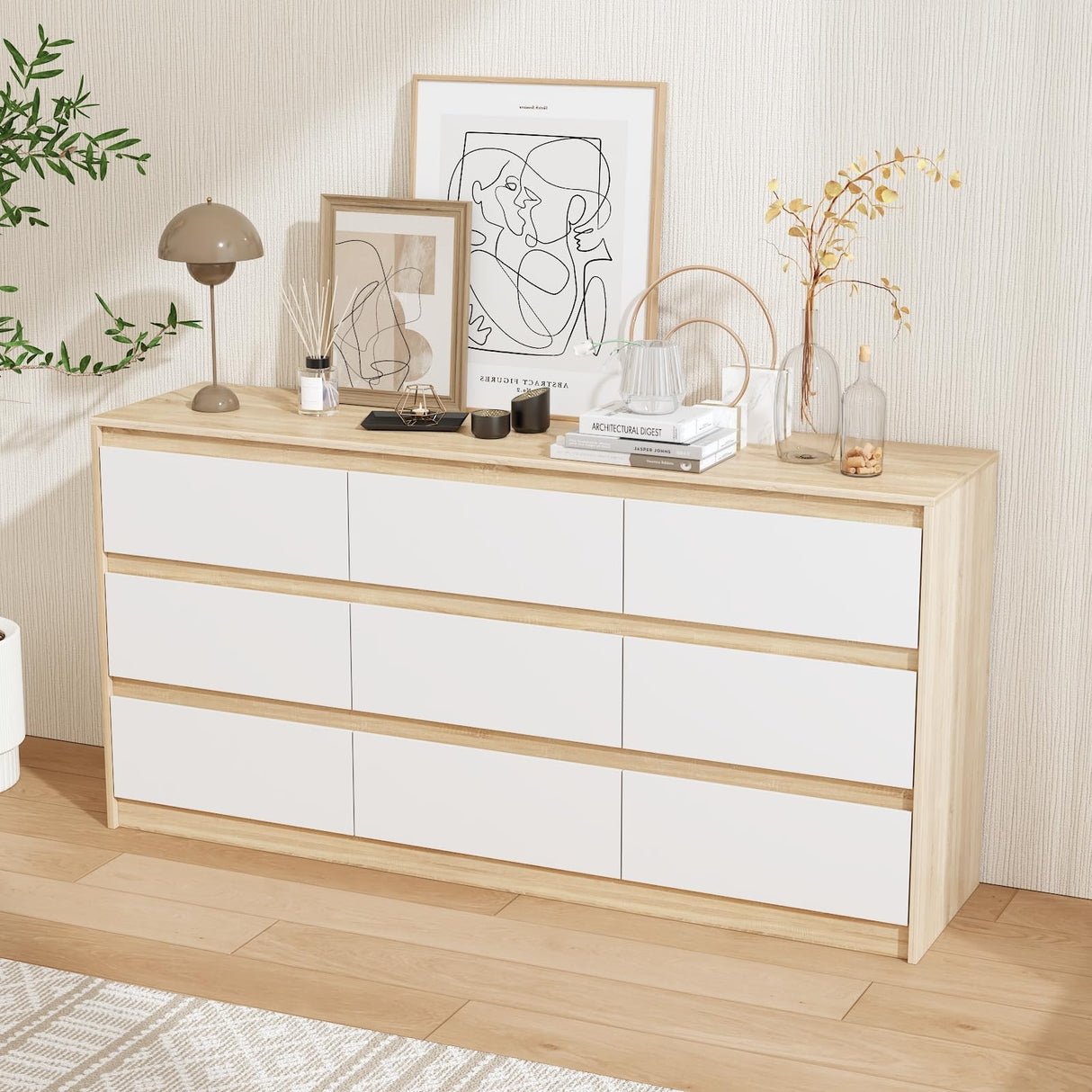 FUFU&GAGA 9 Drawer Dresser Chest of Drawers, 63” Wide Dressers, Modern Wood Drawer Chest Storage Organizer, No Handle Design, for Bedroom Living Room Hallway, Oak and White, 63”W x 15.7”D x 31.5”H FUFU&GAGA