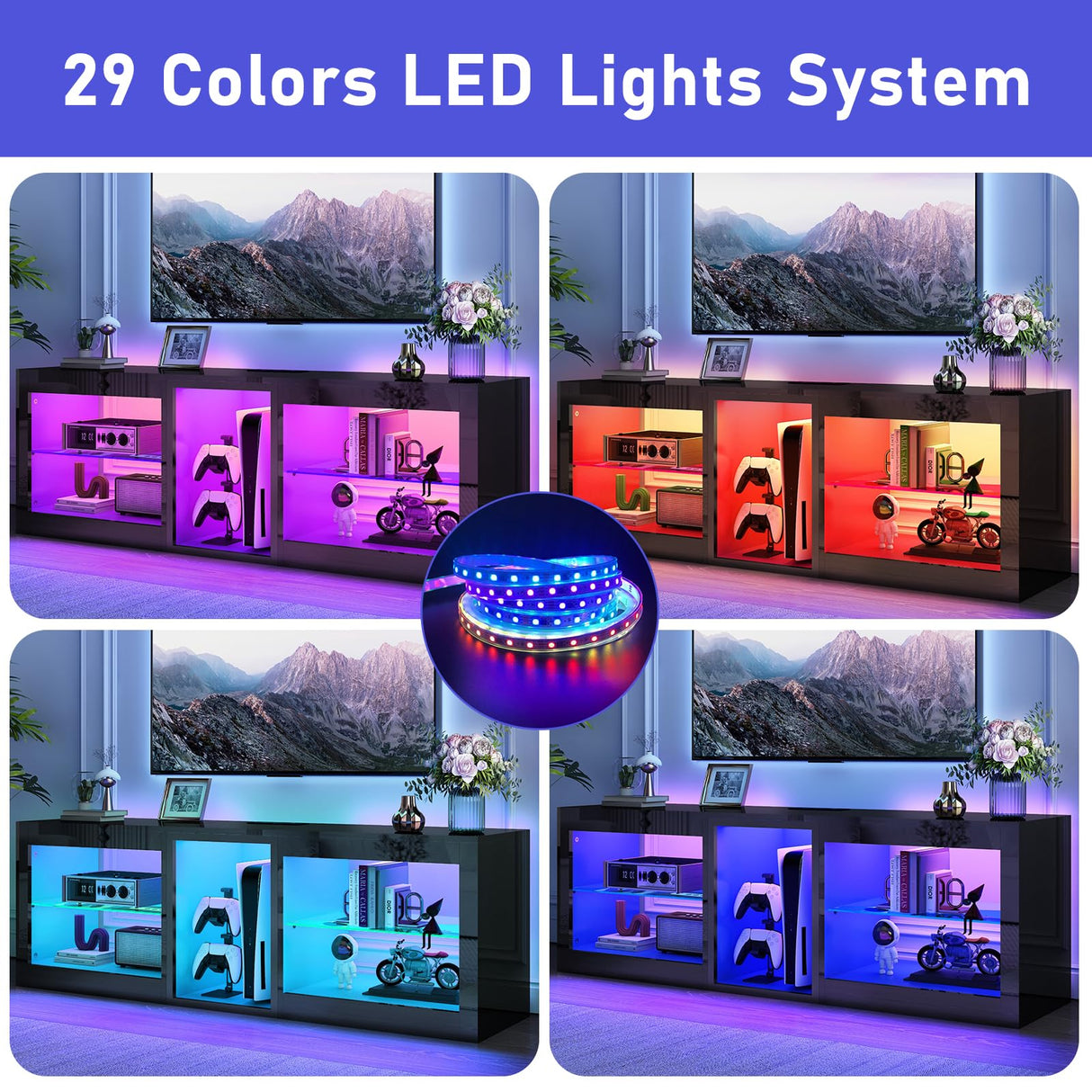 chartustriable LED TV Stands W/Power Outlet for 50 55 60 65 70Inch TV,Black Entertainment Center W/70000-Colors Lights,High Gloss LED TV Console w/Adjustable Glass Shelves for Living Room Gameroom chartustriable