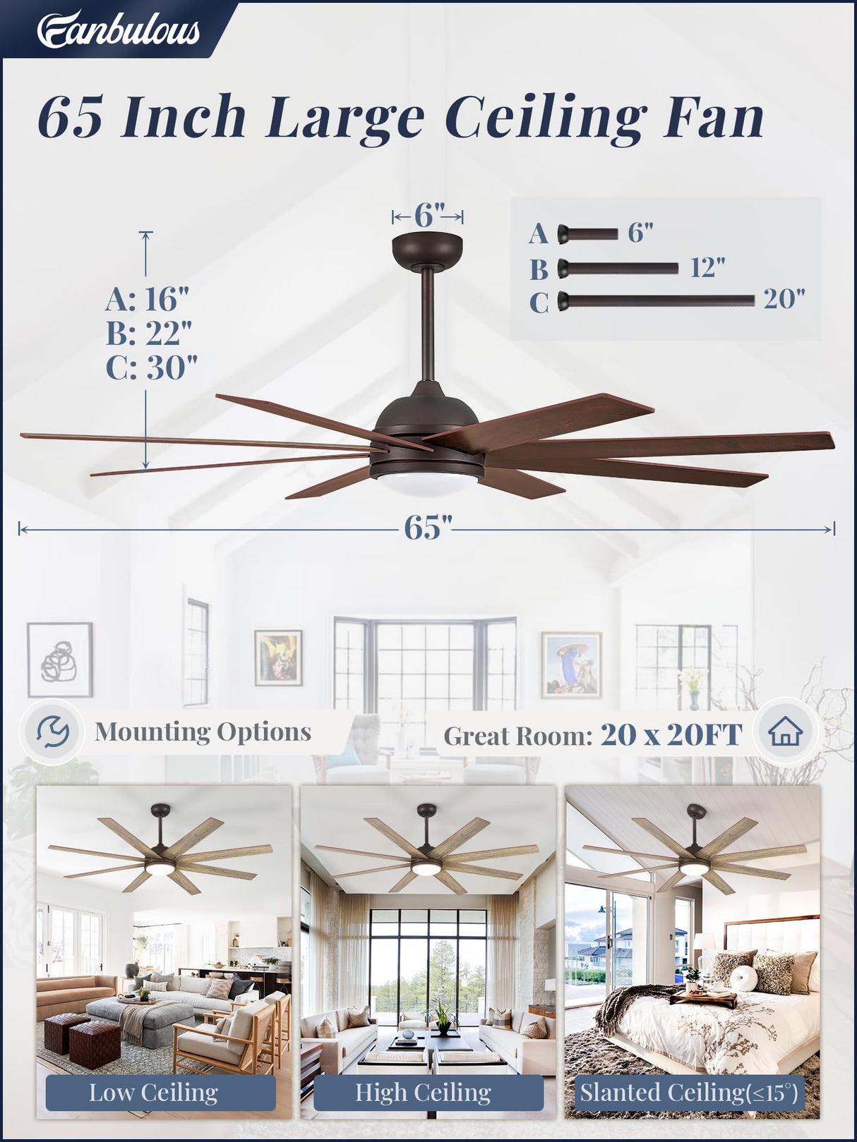 Fanbulous 65 Inch Ceiling Fans with Lights and Remote, Walnut Indoor/Outdoor Ceiling Fan with Quiet Reversible DC Motor, 6 Speeds, 3CCT, 8 Blades Large Ceiling Fan for Living Room Bedroom Patio Fanbulous