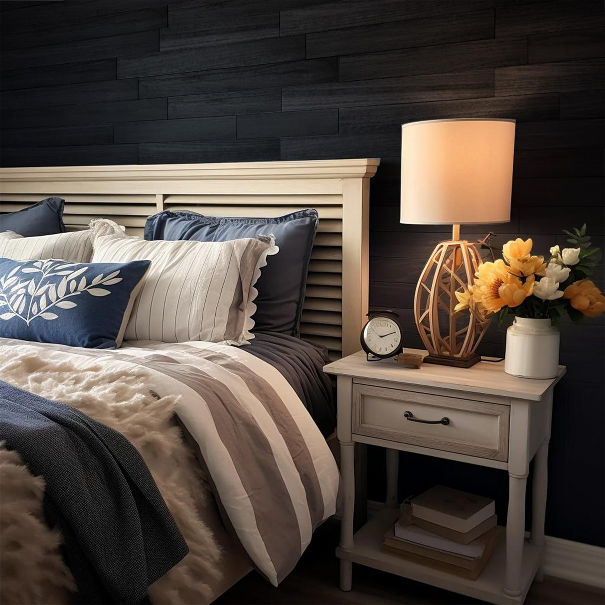 Brosisincorp Peel & Stick Wood Wall Panels - Real Paulownia Wood Shiplap Boards for Accent Walls, DIY Easy to Install - (12.4 Sq Ft, 10Pcs - 5" Wide, Coal Black) Brosisincorp