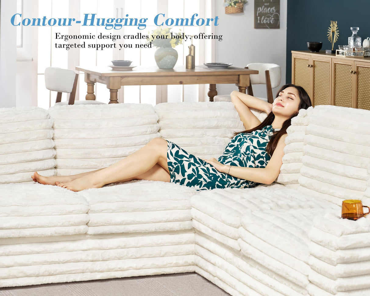 PaPaJet U Shaped Couch, 112 Inch Oversized Couch with Storage, Sectional Sofa with Cup Holders & 2 USB Ports, Faux Fur White Sofa Couch PaPaJet