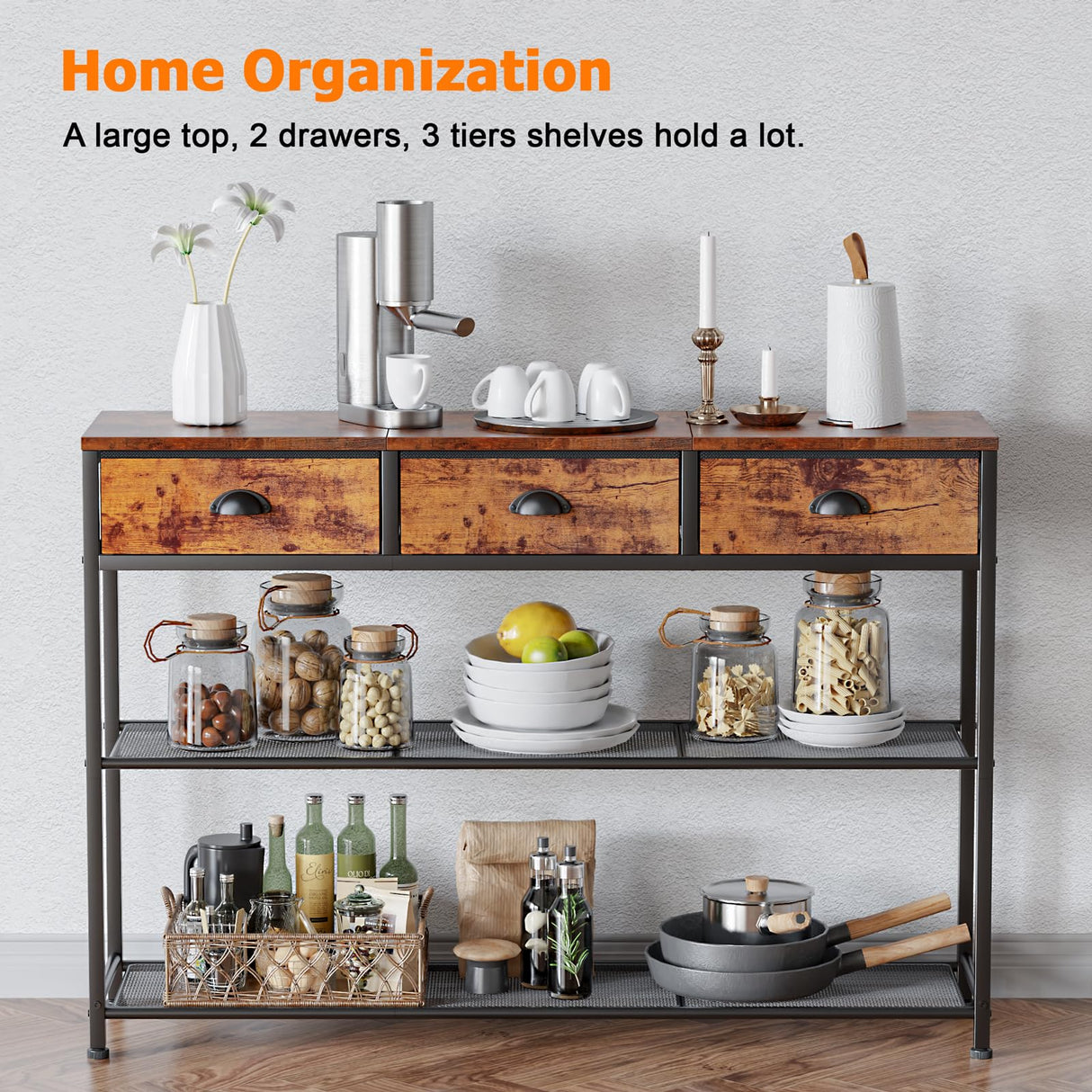 Rustic Brown 38'' Furologee Console Sofa Table with 3 Fabric Drawers and Storage Shelves Furologee