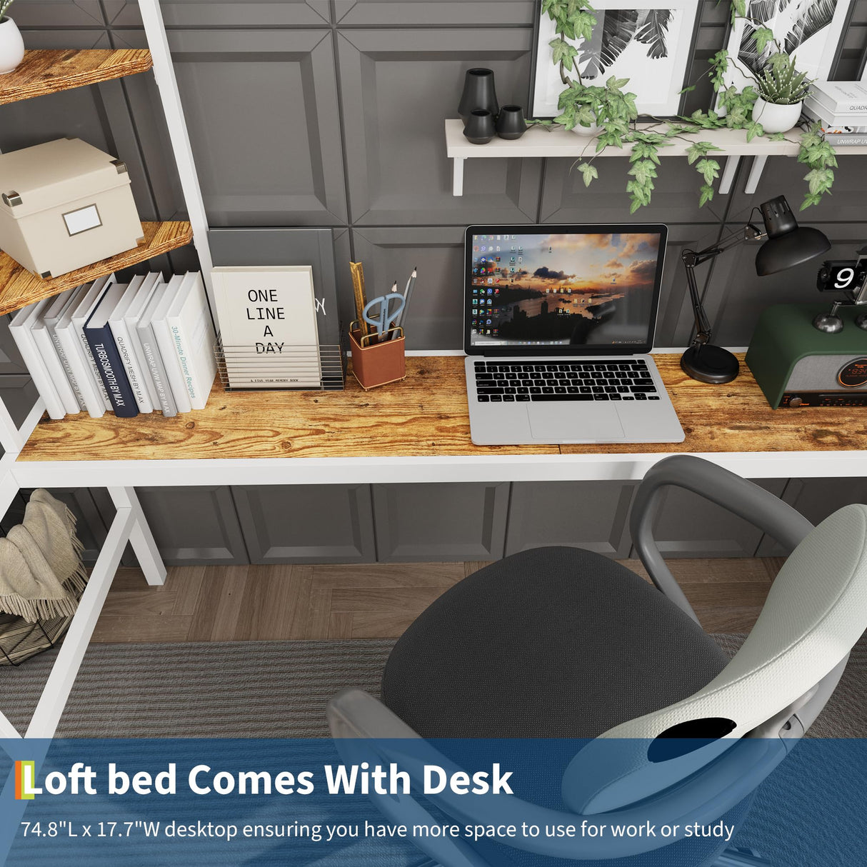 Garvee Twin Size Loft Bed with Large Desk and Storage Shelves, Heavy Duty Metal Loft Bed with Safety Guardrail and Ladder for Kids and Adults, Steel Slats Support, Space Saving, White and Brown Garvee