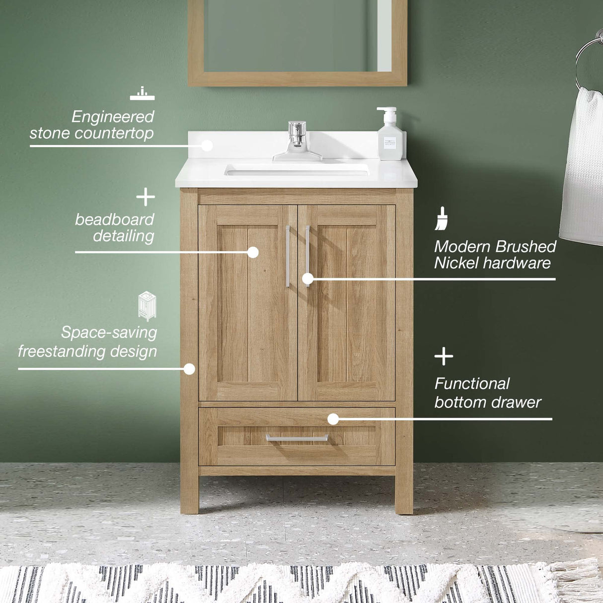 OVE Decors Kansas 24" Single Sink Bathroom Vanity Set with Countertop, Fully-Assembled | Ceramic Sink and Backsplash Included | 02 Doors, 01 Drawer, 24 inches, White Oak OVE Decors