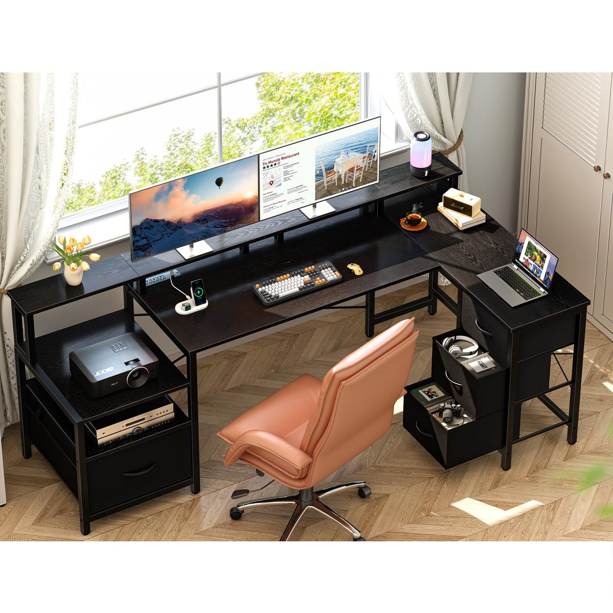 Yoobure L Shaped Desk with Drawers, Gaming Desk with LED Lights & Outlets, 75" Reversible Computer Desk with Storage File Cabinet & Printer Stand, Corner Desk Office Desk with Dual Monitor Stand Black Yoobure