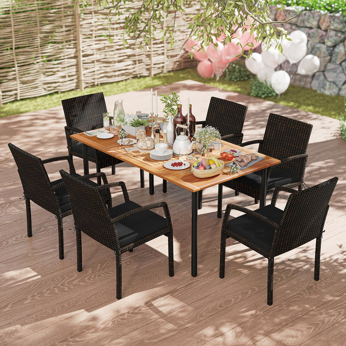 Tangkula 7 Pieces Outdoor Dining Set, Patio Acacia Wood Table and PE Rattan Chairs with Soft Cushions and 2” Umbrella Hole for Deck, Garden and Backyard Tangkula
