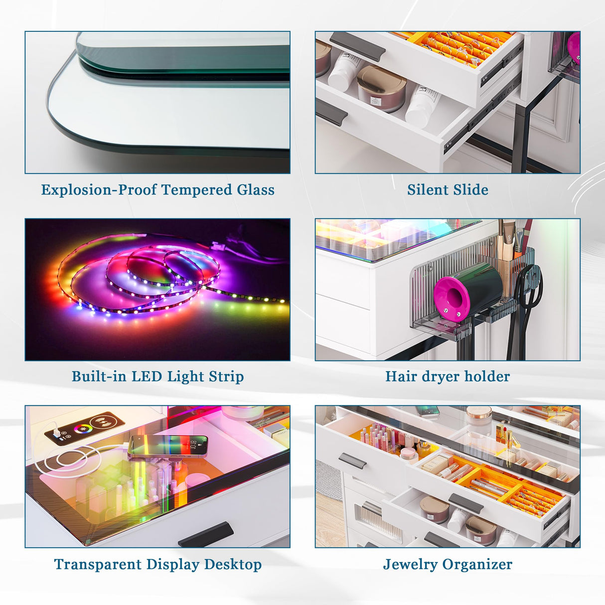 WOOVIVS RGB Vanity Desk with Sliding Mirror and Lights, LED Makeup Vanity with Charging Station/Motion Sensor Light, Glass Top Vanities Dressing Table Set with Jewelry Box,6 Drawers,Stool (White) WOOVIVS