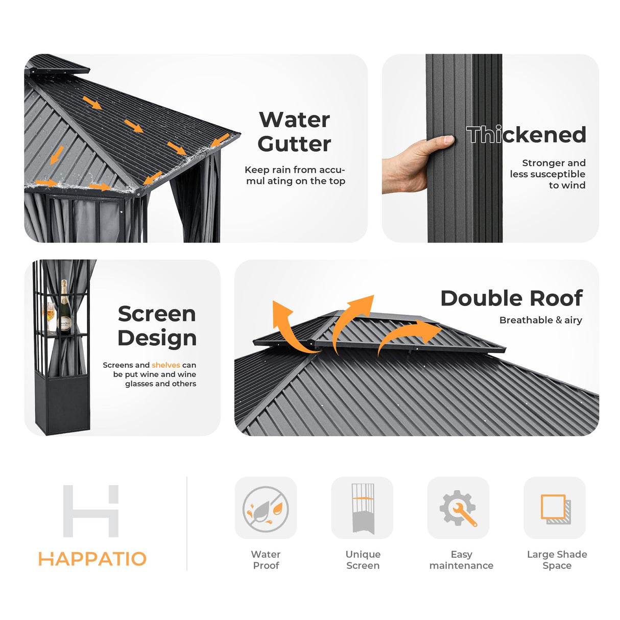 HAPPATIO 10' x 12' Hardtop Gazebo, Outdoor Gazebo with Netting and Curtains, Double Roof Permanent Patio Metal Gazebo Canopy with Storage Shelf for Patio, Deck, Backyard (Gray) HAPPATIO