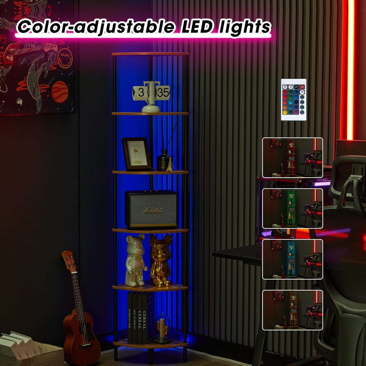 Corner Shelf with LED Light,Tall Corner Shelf,Rustic Industrial Corner Bookshelf, Storage Standing Shelf Unit, Plant Stand, Corner Table for Small Spaces in Living Room,Bedroom,Home Office (6 Tier) Ymesiyou