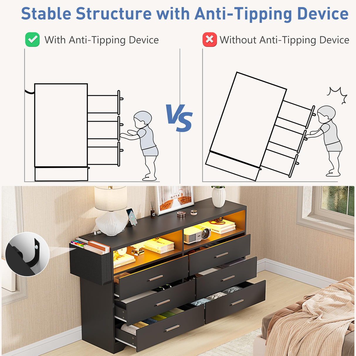 Whalefall Bedroom Dresser with LED Lights, Black 6 Drawers Dresser for Bedroom with Charging Station 55in Large Chest of Drawers, Wood Dresser TV Stand for Living Room Closet Entryway (Black) Whalefall