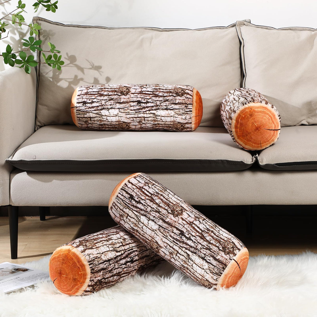 Huwena 4 Pcs Wood Pillows Tree Stump Decorative Round Throw Pillows 3D Digital Print Wood Trunk Stump Cylinder Cushion for Home Sofa Living Room Decor, 15.8 x 5.5 Inch Huwena
