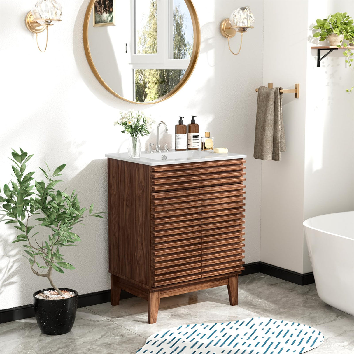 ROOMTEC 24" Bathroom Vanity with Sink, Mid-Century Freestanding Bathroom Vanity Sink with Storage, Undermount Ceramic Sink, Particleboard Frame with Wood Grain Laminate, Walnut ROOMTEC