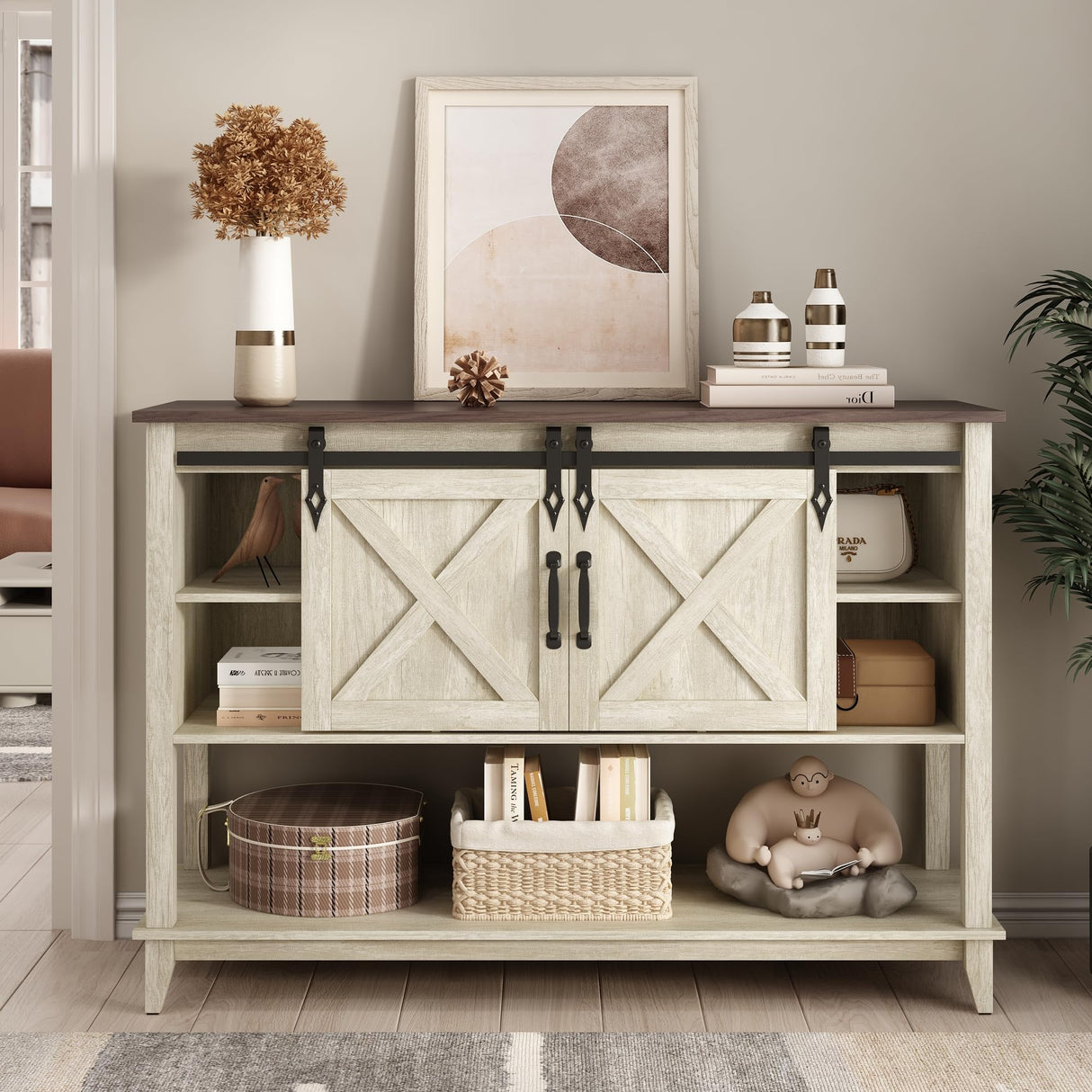 Vabches Entryway Table with 2 Sliding Barn Doors, 46" Farmhouse Console Table with Adjustable Storage Shelf, Sofa Table for Entryway, Hallway, Living Room, Metal Corner Trim & Handles, Rustic White Vabches