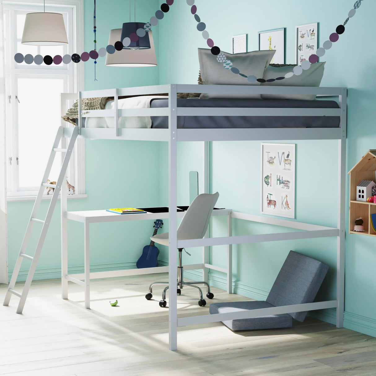 BizChair Full Size Loft Bed with Integrated Desk - White Wood Slats - Space-Saving Design for Kids and Teens BizChair