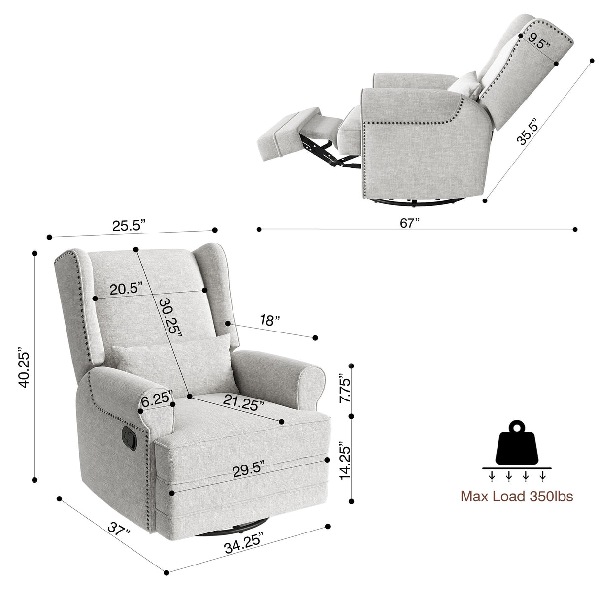 May in Color Swivel Recliner Chair with Extra Large Footrest, Comfy Upholstered Glider Rocking Chair for Living Room, Bedroom and Ofice, Grey May in Color