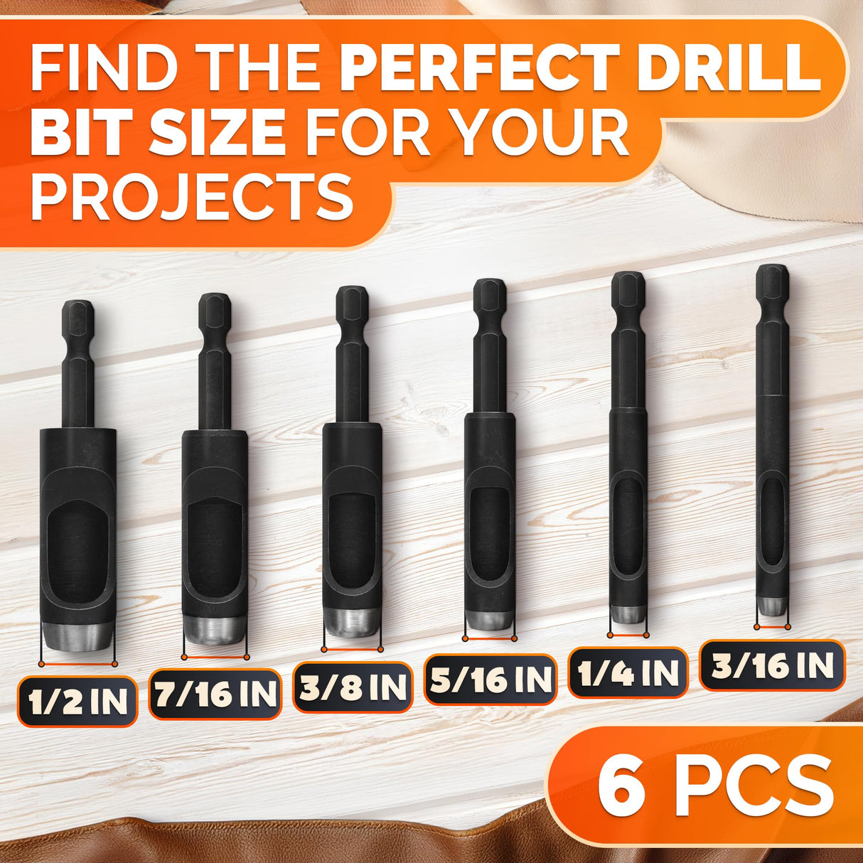 Leather Hole Punch Tool Set - 6 Pcs Drill Bits 3/16" 1/4" 5/16" 3/8" 7/16" 1/2" - High-Precision Leather Punch Tool for Belts, Fabric, and Crafts - Durable Carbon Steel, Sharp and Efficient LIBERHAUS