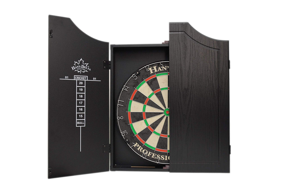 HAN'S DELTA Professional Bristle Dartboard Cabinet Set, Metal Corner Reinforcement, Regulation Steel Tip Dartboard, Includes 6 Steel Tip Darts and Scoreboards (Black) HAN'S DELTA
